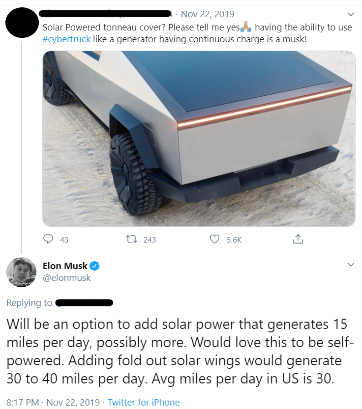 Elon Musk's tweet about solar panels in the cyber truck